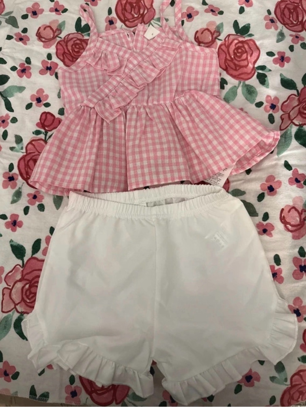 SHEIN Pink Gingham Ruffle Tank with White Ruffle-Hem Shorts - Kids